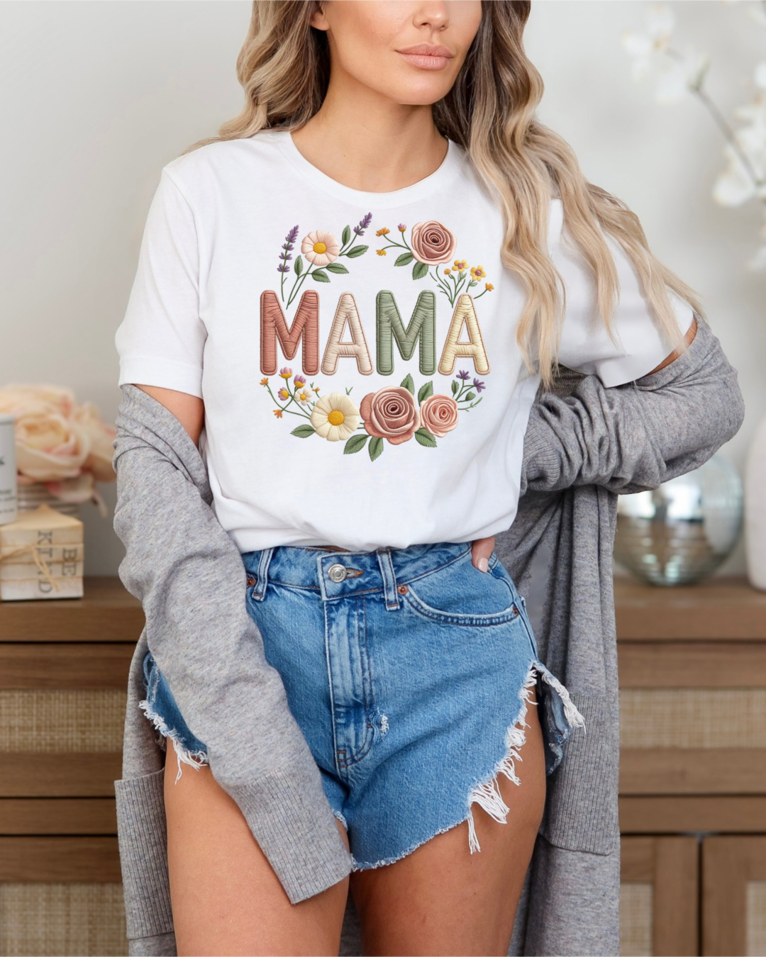 Mama Floral Faux Embroidery T-shirt